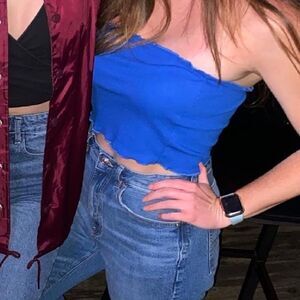 5/$25 DEAL frill trim rib-knit bandeau top blue